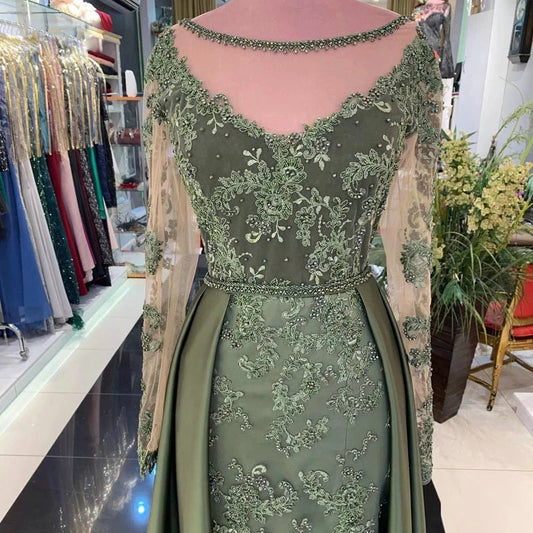 Luxurious Olive Green Evening Dresses Lace Long Sleeves Side Split Wedding Party Gowns Stain Train Invitada Boda 2023 Vestido De