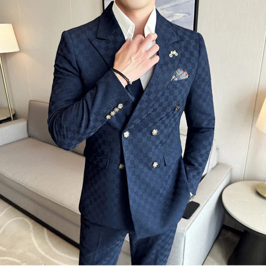 (Jacket+Pants) 2 Pieces Blue Apricot Business Party Men Suits Double Breasted Formal Style Custom Made Wedding Groom Tuxedos SHOWLU FASHION STORE