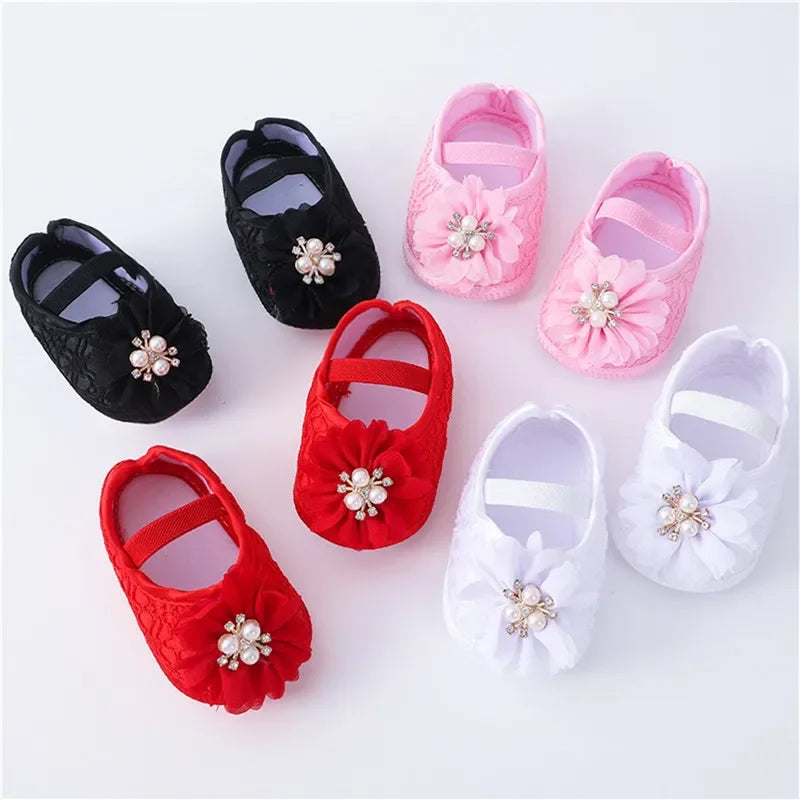 0-18months Baby Girls Shoes And Headband Soft Sole Non-Slip Pearl Flower Princess Wedding Dress Crib Shoes For Newborn Girls SHOWLU FASHION STORE