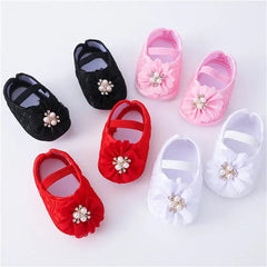 0-18months Baby Girls Shoes And Headband Soft Sole Non-Slip Pearl Flower Princess Wedding Dress Crib Shoes For Newborn Girls SHOWLU FASHION STORE