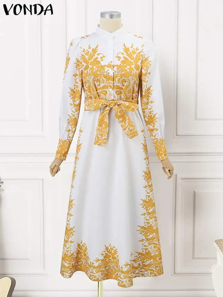 Plus Size 5XL VONDA Elegant Dress Women Summer Long Sleeve Belted Printed Maxi Long Dress Buttons Vintage Casual Robe Femme SHOWLU FASHION STORE