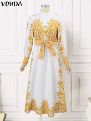 Plus Size 5XL VONDA Elegant Dress Women Summer Long Sleeve Belted Printed Maxi Long Dress Buttons Vintage Casual Robe Femme SHOWLU FASHION STORE