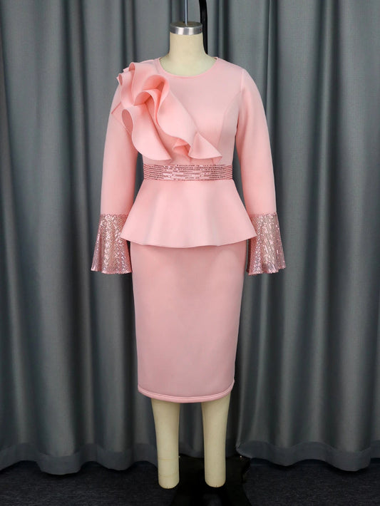 Church Dresses for Women Elegant Ruffles Long Flare Sleeves Sequined Party Bodycon Peplum Classy Occasion African Wedding Guest SHOWLU FASHION STORE