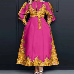 Plus Size 5XL VONDA Elegant Dress Women Summer Long Sleeve Belted Printed Maxi Long Dress Buttons Vintage Casual Robe Femme SHOWLU FASHION STORE