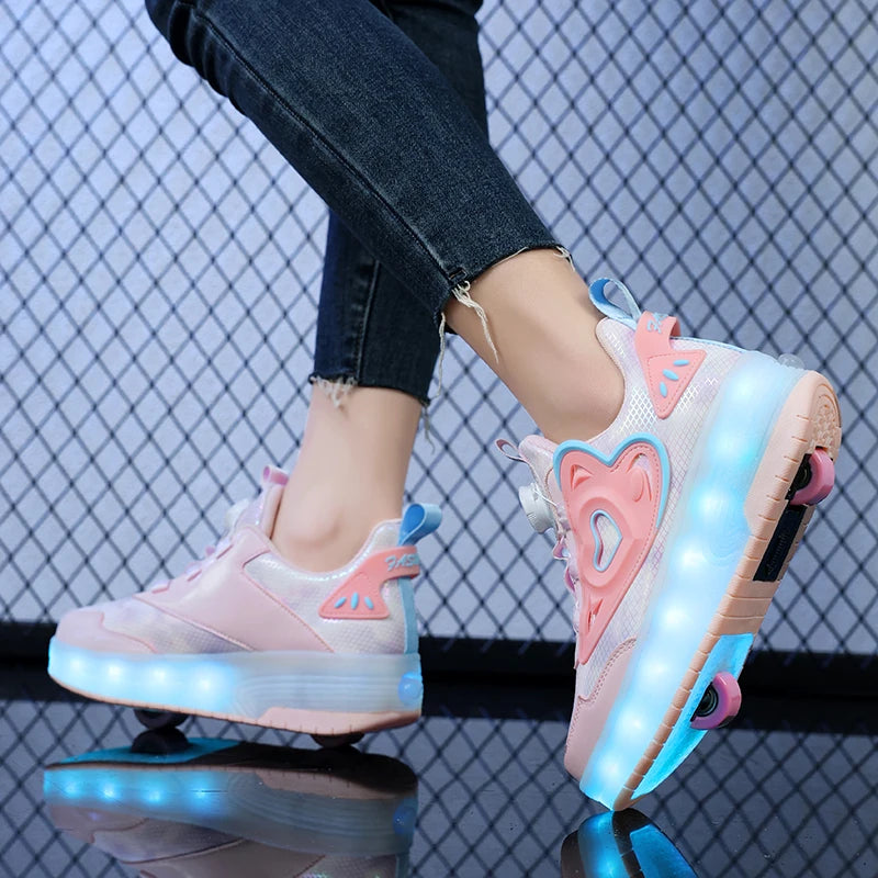 Children Two Girls Wheels Luminous Glowing Sneakers Heels Pink Led Light Roller Skate Shoes Kids Led Shoes USB Charging Fashion SHOWLU FASHION STORE