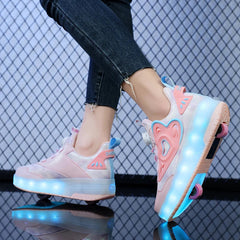 Children Two Girls Wheels Luminous Glowing Sneakers Heels Pink Led Light Roller Skate Shoes Kids Led Shoes USB Charging Fashion SHOWLU FASHION STORE