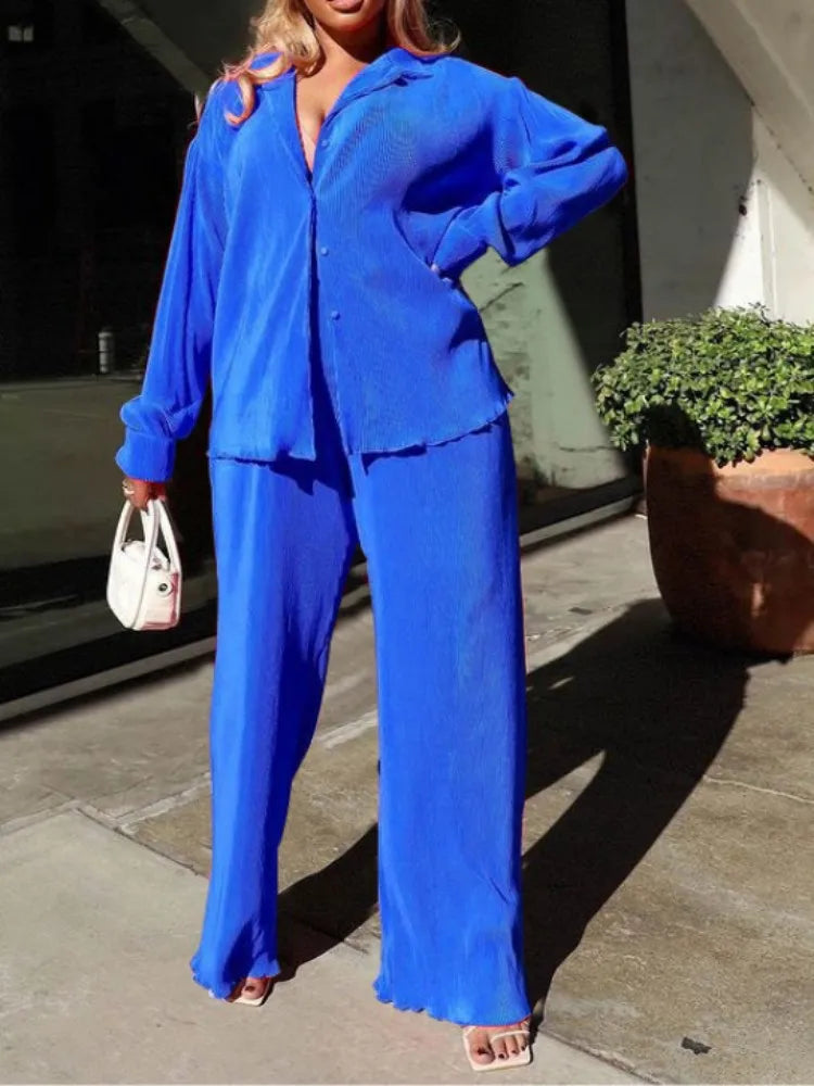 QFAF Fashion Pleated Women's Set Long Sleeve Oversized Shirt and Wide Leg Pants 2023 Elegant Tracksuit Two 2 Piece Set Outfits SHOWLU FASHION STORE