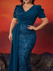 BLUEPLUM Plus Size Elegant V-neck Sequins Evening Dress Women Short Sleeves Mermaid Formal Luxury Party Streamer Prom Dress SHOWLU FASHION STORE