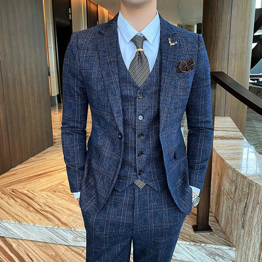 (Blazers+Vest+ Pants) Spring New Fashion Gentleman Men's Plaid Leisure Suit Jacket Sets England Simple Groom 3 Piece Tuxedo 5XL SHOWLU FASHION STORE