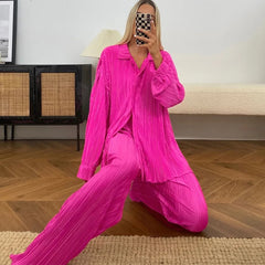 QFAF Fashion Pleated Women's Set Long Sleeve Oversized Shirt and Wide Leg Pants 2023 Elegant Tracksuit Two 2 Piece Set Outfits SHOWLU FASHION STORE