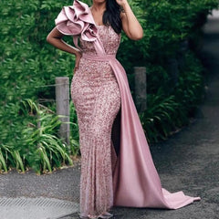 Elegant One Shoulder Sequin Prom Dresses Aso Ebi Style African Women Mermaid Evening Dress Plus Size Glitter Long Party Gowns SHOWLU FASHION STORE