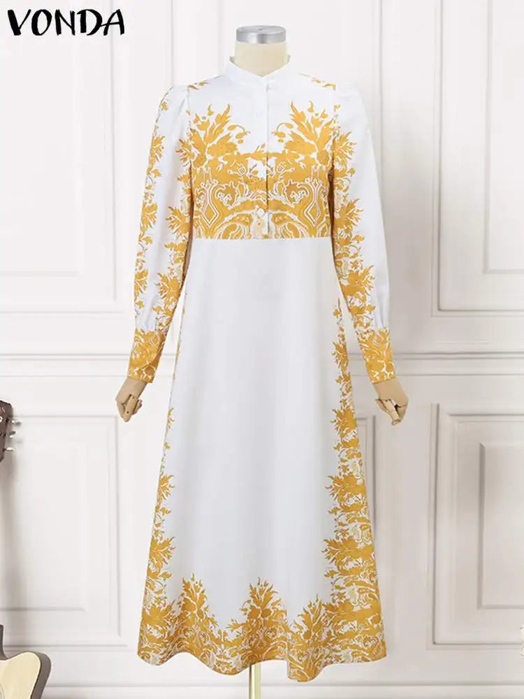 Plus Size 5XL VONDA Elegant Dress Women Summer Long Sleeve Belted Printed Maxi Long Dress Buttons Vintage Casual Robe Femme SHOWLU FASHION STORE