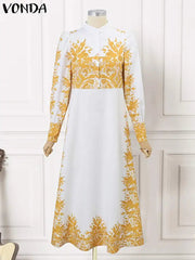 Plus Size 5XL VONDA Elegant Dress Women Summer Long Sleeve Belted Printed Maxi Long Dress Buttons Vintage Casual Robe Femme SHOWLU FASHION STORE