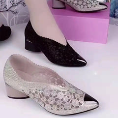 2023 spring rhinodrill thick high heel pointed black bow European and American fashion mesh hollow-out women's fashion shoes SHOWLU FASHION STORE