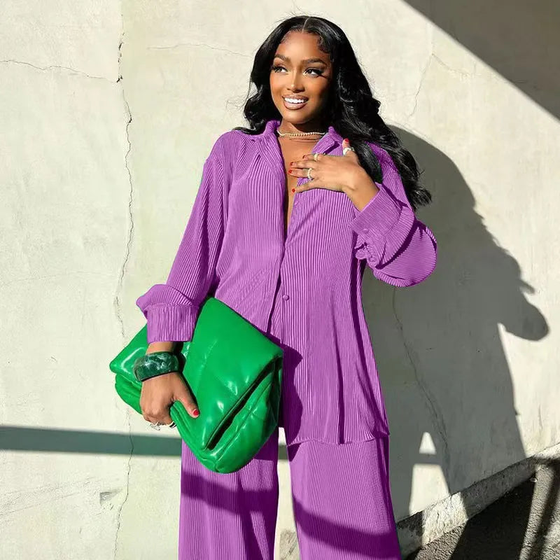 QFAF Fashion Pleated Women's Set Long Sleeve Oversized Shirt and Wide Leg Pants 2023 Elegant Tracksuit Two 2 Piece Set Outfits SHOWLU FASHION STORE