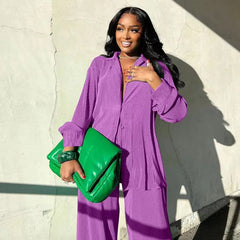 QFAF Fashion Pleated Women's Set Long Sleeve Oversized Shirt and Wide Leg Pants 2023 Elegant Tracksuit Two 2 Piece Set Outfits SHOWLU FASHION STORE