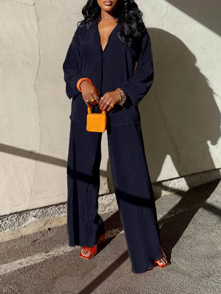 QFAF Fashion Pleated Women's Set Long Sleeve Oversized Shirt and Wide Leg Pants 2023 Elegant Tracksuit Two 2 Piece Set Outfits SHOWLU FASHION STORE