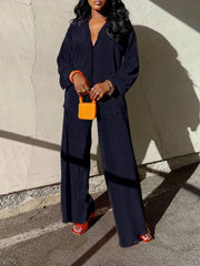 QFAF Fashion Pleated Women's Set Long Sleeve Oversized Shirt and Wide Leg Pants 2023 Elegant Tracksuit Two 2 Piece Set Outfits SHOWLU FASHION STORE