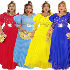 Elegant Women Party Evening Dresses Long Sleeve Pleated Maxi Robe African Dashiki Outfits Office Ladies Overalls Africa Clothing SHOWLU FASHION STORE