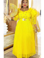 Elegant Women Party Evening Dresses Long Sleeve Pleated Maxi Robe African Dashiki Outfits Office Ladies Overalls Africa Clothing SHOWLU FASHION STORE