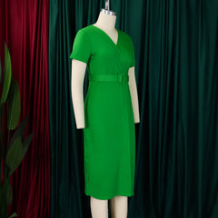 Summer new arrival fashion sexy V-neck casual slim fit ruched pencil dress short sleeve elegant plus size dress women clothing SHOWLU FASHION STORE