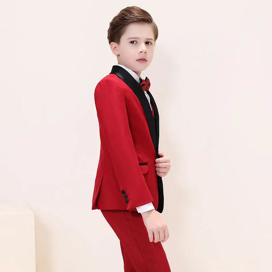 Children's Red Formal Suit Set Boy's Wedding Birthday Host Performance Photography Costume Kids Blazer Pants Outfit