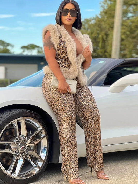 2 Piece Women Set Dashiki African Clothes Leopard Sequin New Fashion Sleeveless Top And Pants Suit Party Lady Matching Sets SHOWLU FASHION STORE