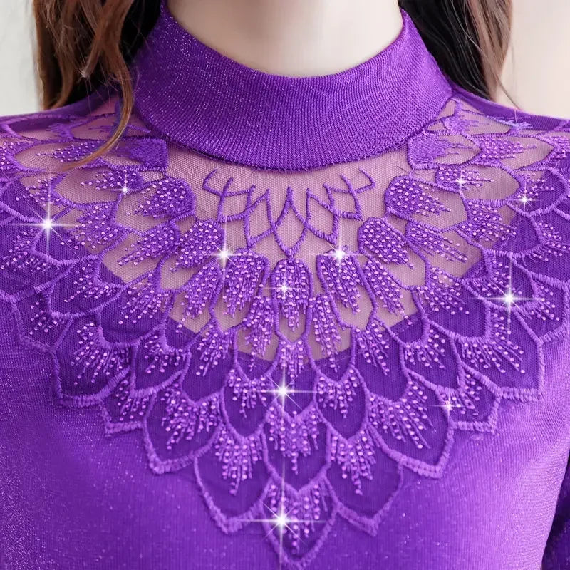 Women Blouse Turtleneck Lace Shirt Women's Mesh Blusas Ropa De Mujer SHOWLU FASHION STORE