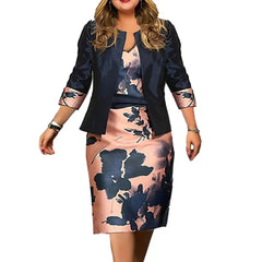 2 Pcs/Set Women Coat Dress Suits Set Floral Print Sheath Midi Dress Open Stitch Dress Suit Jacket Women Outfit Set SHOWLU FASHION STORE