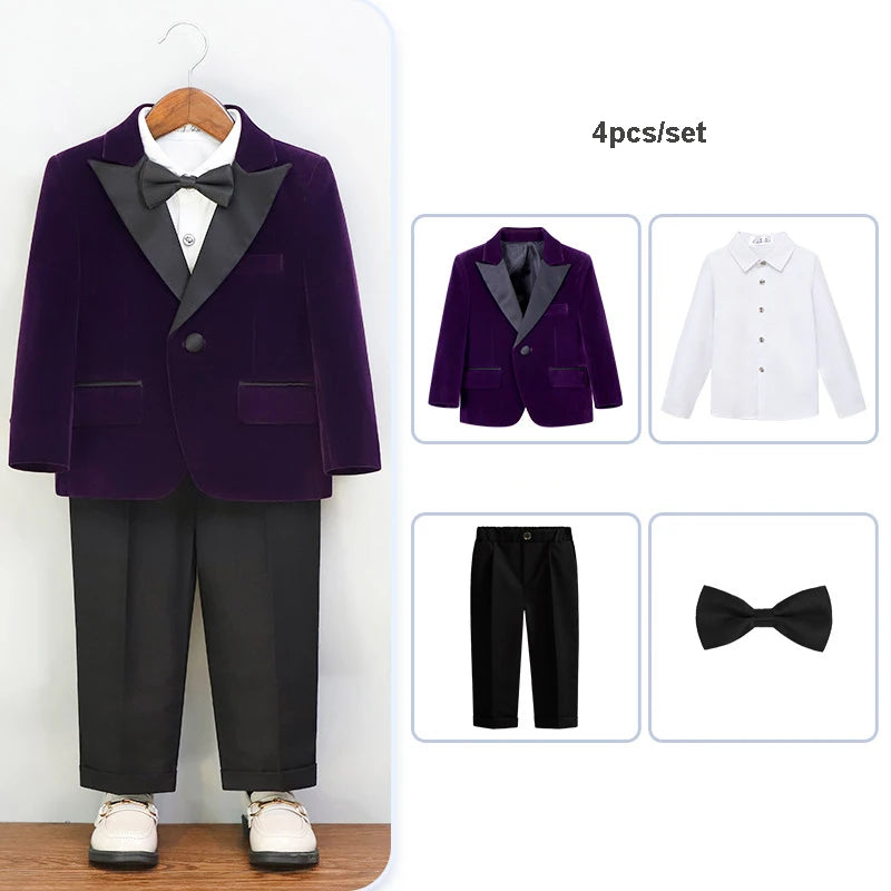 Autumn Boys Red Velvet Suit Set Children Birthday Party Wedding Host Piano Performance Costume Kids Blazer Pants Bowtie Outfit SHOWLU FASHION STORE