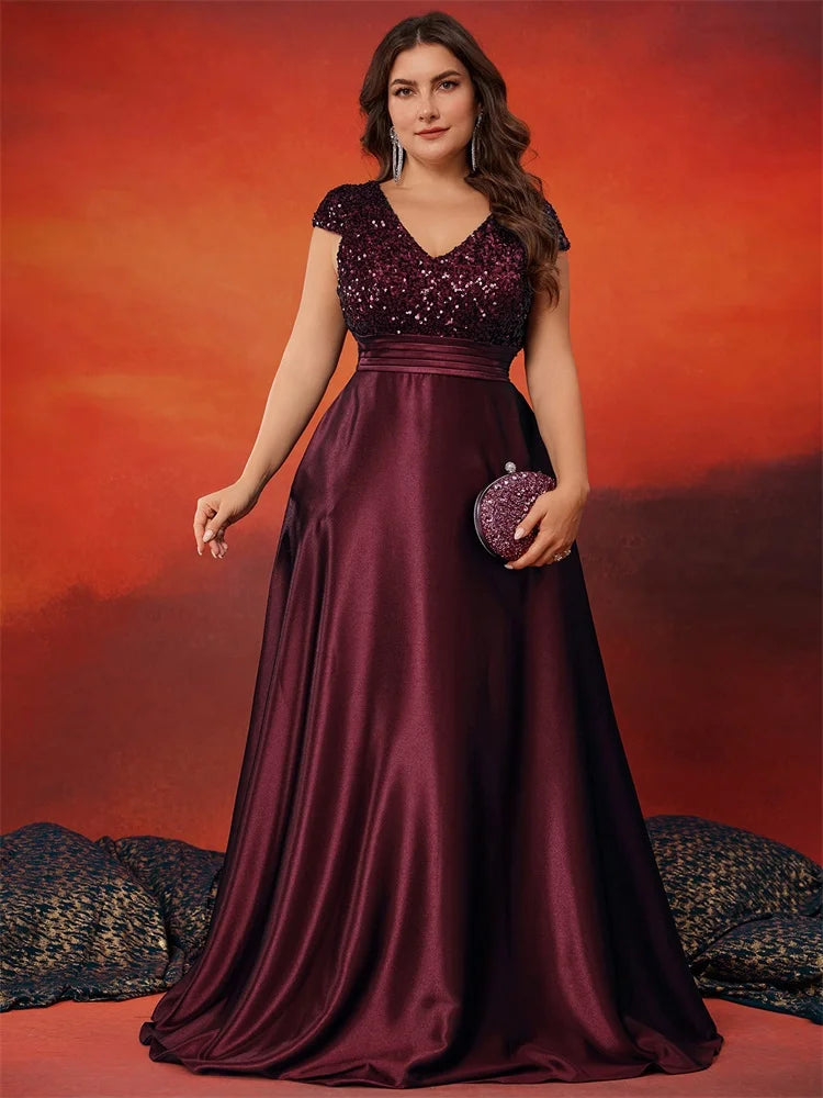 XUIBOL Plus Size Elegant V-Neck Green Sequin Evening Dress Long Luxury Women Satin Short Sleeves Party Prom Cocktail Dress SHOWLU FASHION STORE