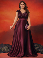XUIBOL Plus Size Elegant V-Neck Green Sequin Evening Dress Long Luxury Women Satin Short Sleeves Party Prom Cocktail Dress SHOWLU FASHION STORE