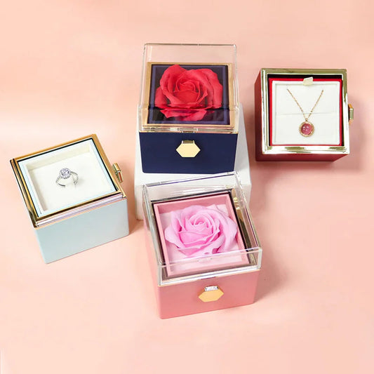 1PC Rotating Eternal Rose Flower Jewelry Box Ring Earrings Necklace Storage Boxes Wedding Valentine's Day Gift Boxes for Lovers SHOWLU FASHION STORE