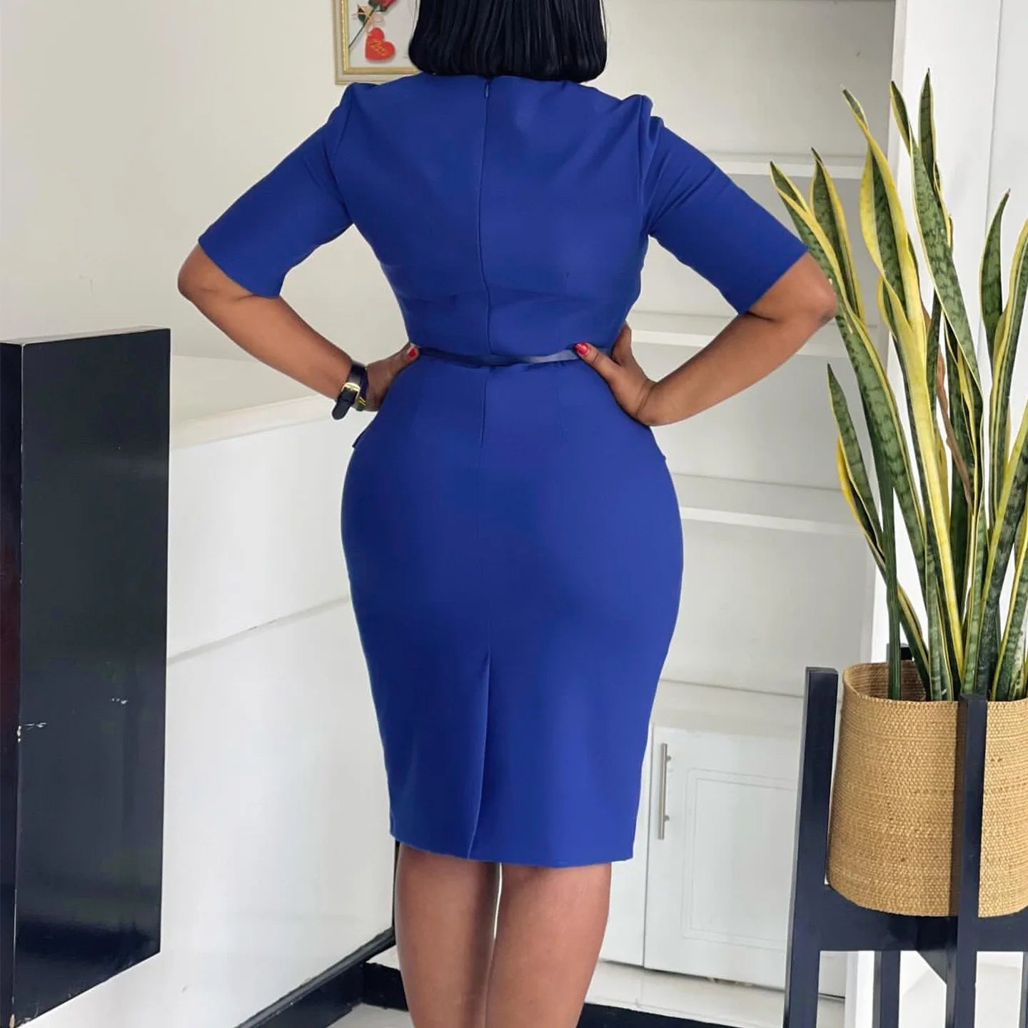 2024 Autumn Winter New Dress for Woman Square Neck Half Sleve Sheath Package Hips Belt Waisted Formal Work Bodycon Dress Midi OL SHOWLU FASHION STORE
