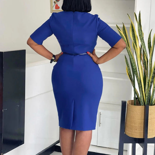 2024 Autumn Winter New Dress for Woman Square Neck Half Sleve Sheath Package Hips Belt Waisted Formal Work Bodycon Dress Midi OL SHOWLU FASHION STORE