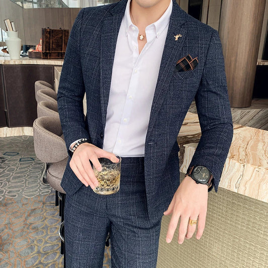 (Jacket+Pants) Fashion Men's Pure Color Leisure Suits Gray Blue Black Slim Fit Men Business Banquet Suit Set Plus Size 6XL 7XL SHOWLU FASHION STORE