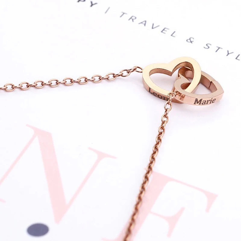 2024 New Valentine's Day Gift Double Heart Bracelets for Women Custom Engraved Name Steel Bracelets Eternal Rose Box Wedding Box SHOWLU FASHION STORE