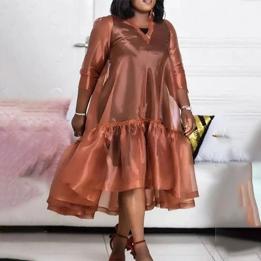 Plus Size Semi Formal Midi Dresses Casual Brown Fall Winter V Neck 3/4 Sleeve Flounce Organza Midi Dresses SHOWLU FASHION STORE