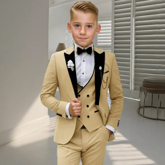 Velvet Peacked Lapel Boy's Suit Set Champagne 4-Pieces Kids Tuxedo Set Blazer Vest Pants Bow-tie For  Birthday Graduation