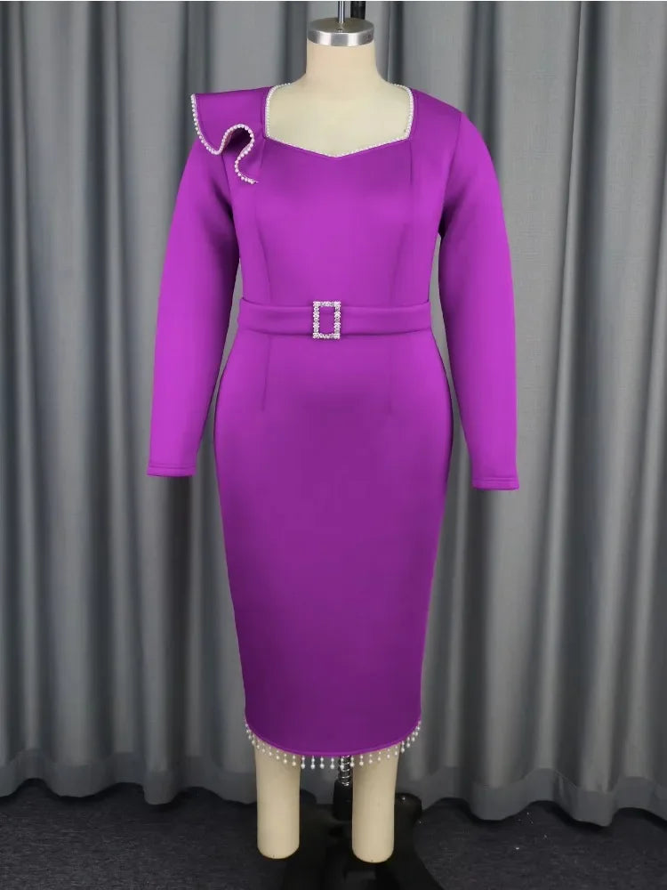 Exquisite Purple Long Sleeve Evening Dress with Pearl Chain Decor Perfect for Special Occasions Combining Elegance Dresses SHOWLU FASHION STORE