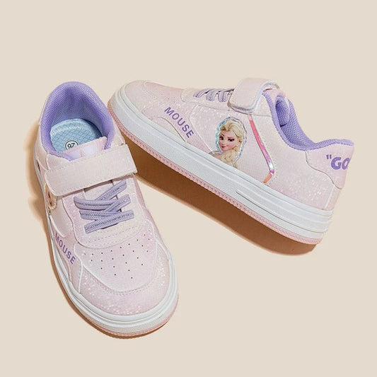 Disney Children's Casual Shoes Elsa Princess Frozen Girls' Sneakers White Pink Breathable Fashion Round Toe Shoes Size 24-37