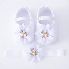 0-18months Baby Girls Shoes And Headband Soft Sole Non-Slip Pearl Flower Princess Wedding Dress Crib Shoes For Newborn Girls SHOWLU FASHION STORE