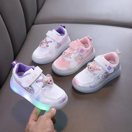 Disney Kids Girls Shoes Children Sneakers Girls Elsa Frozen Princess Casual Sport Student Shoes LED Lights Shoes Size 21-30 SHOWLU FASHION STORE