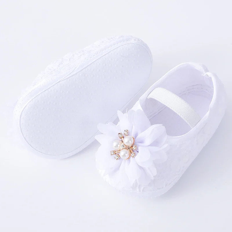 0-18months Baby Girls Shoes And Headband Soft Sole Non-Slip Pearl Flower Princess Wedding Dress Crib Shoes For Newborn Girls SHOWLU FASHION STORE