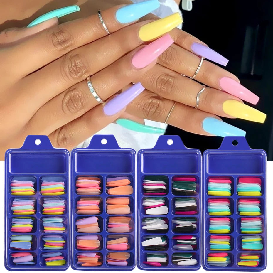 100pcs False Nail Press On Nails Acrylic Extension Coffin Forms Nail Tips Gel Nail Polish Artificial Nail Sets Kits Tools KE1895 SHOWLU FASHION STORE