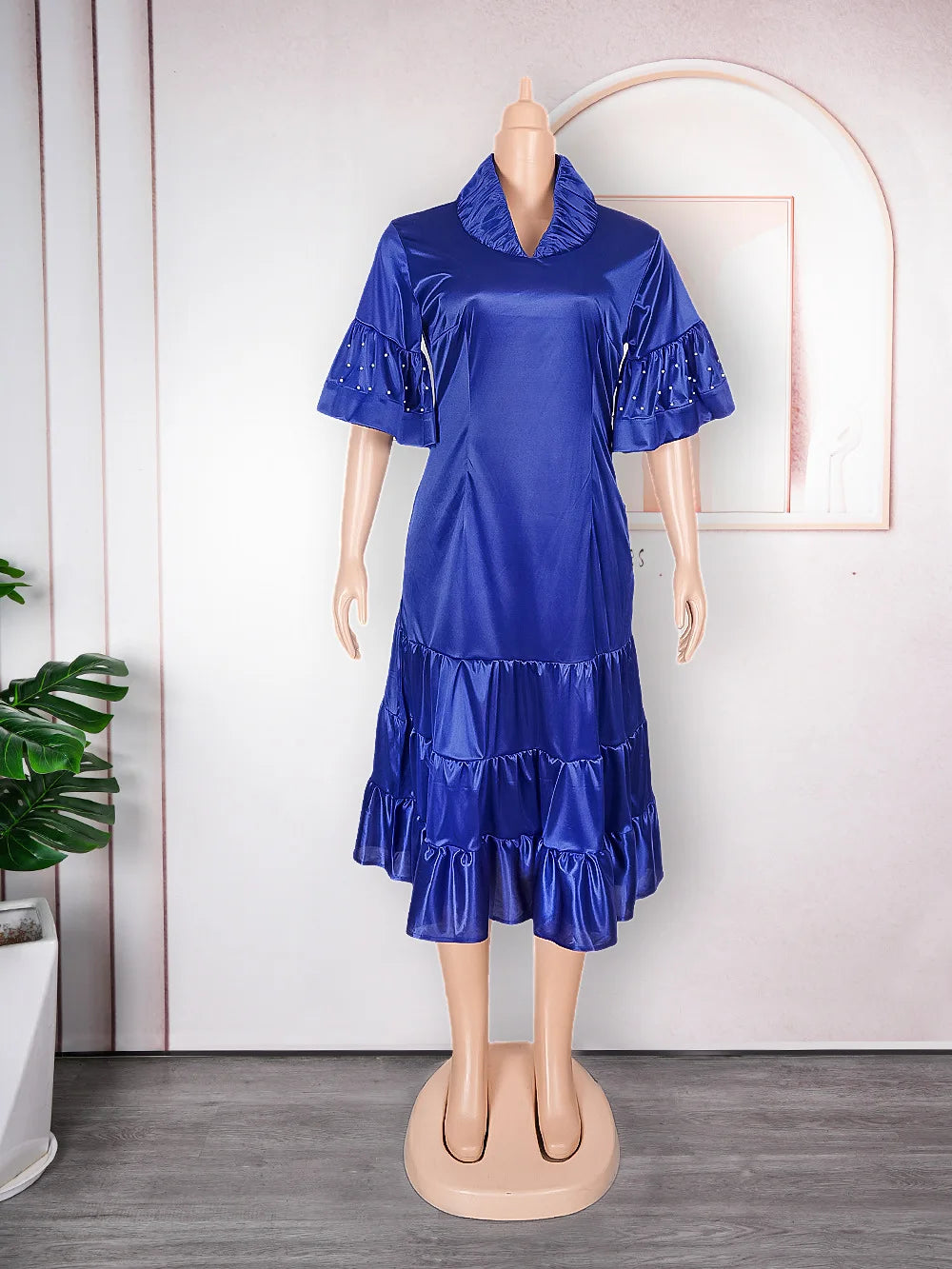 2024 New European and American  African Women Plus Size Five-point Sleeve Pleated Ruffled Dress African Clothes for Women SHOWLU FASHION STORE