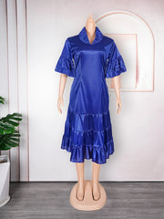 2024 New European and American  African Women Plus Size Five-point Sleeve Pleated Ruffled Dress African Clothes for Women SHOWLU FASHION STORE