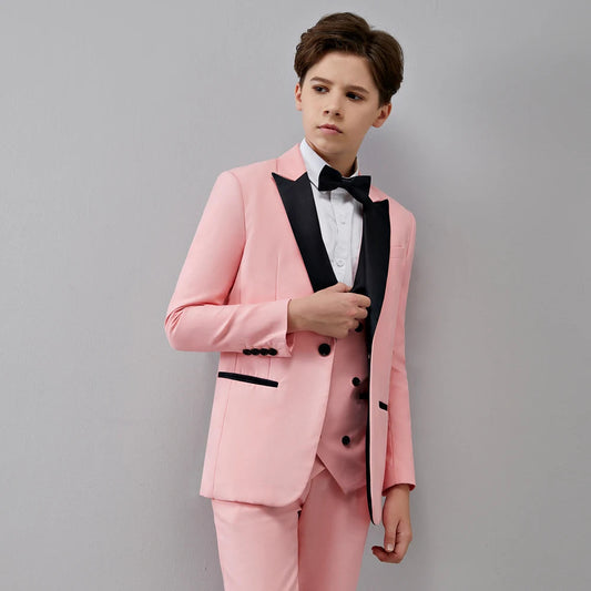 Children Kid Boy's Pink 3 Pieces Black Pointed Collar Suits Tuxedos Wedding/Prom (Jacket+Pants+Vest) Master Of Ceremonies Dress SHOWLU FASHION STORE