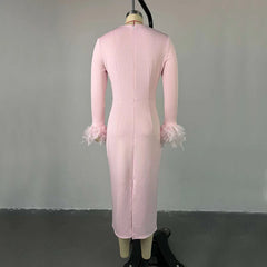 BKLD New Arrival Women Sexy High Waisted Long Sleeve Feather Trim Split Bandage Dress OL 2024 Elegant Evening Club Party Dresses SHOWLU FASHION STORE