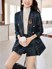 ZJYT Elegant Plaid Tweed Blazer Shorts Suits Autumn Winter Outfits for Women 2 Piece Business Chic Office Matching Set Plus Size SHOWLU FASHION STORE